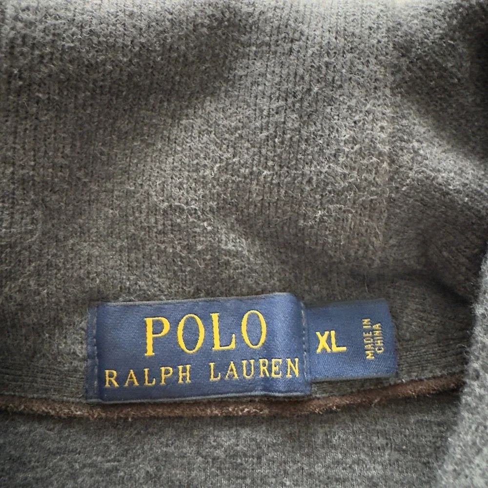 Men Polo Ralph Lauren Pony Shawl Collar Pullover Elbow Patch Sweater XL Gray Vtg